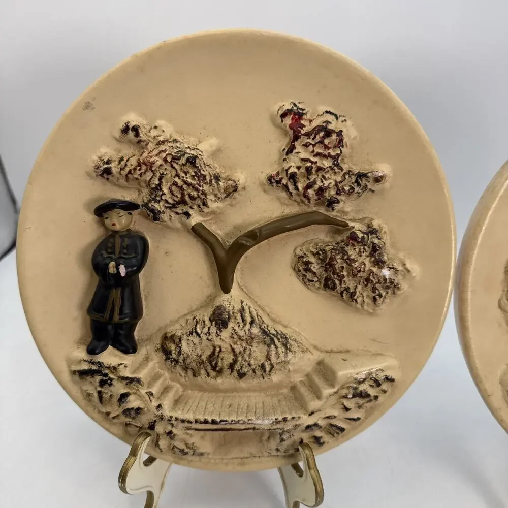 Pair Of Vintage Asian Couple - Chalkware Wall Art Hanging 9” Cherry Blossoms⬇️